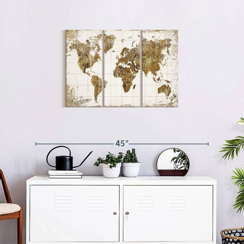 Ensemble de 3 pièces de carte du monde grunge sur toile, H 20 po x l 33 po x P 1,25 po