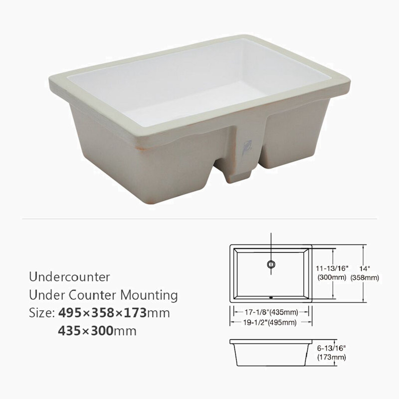 Hewei 14'' White Ceramic Rectangular Undermount Bathroom Sink