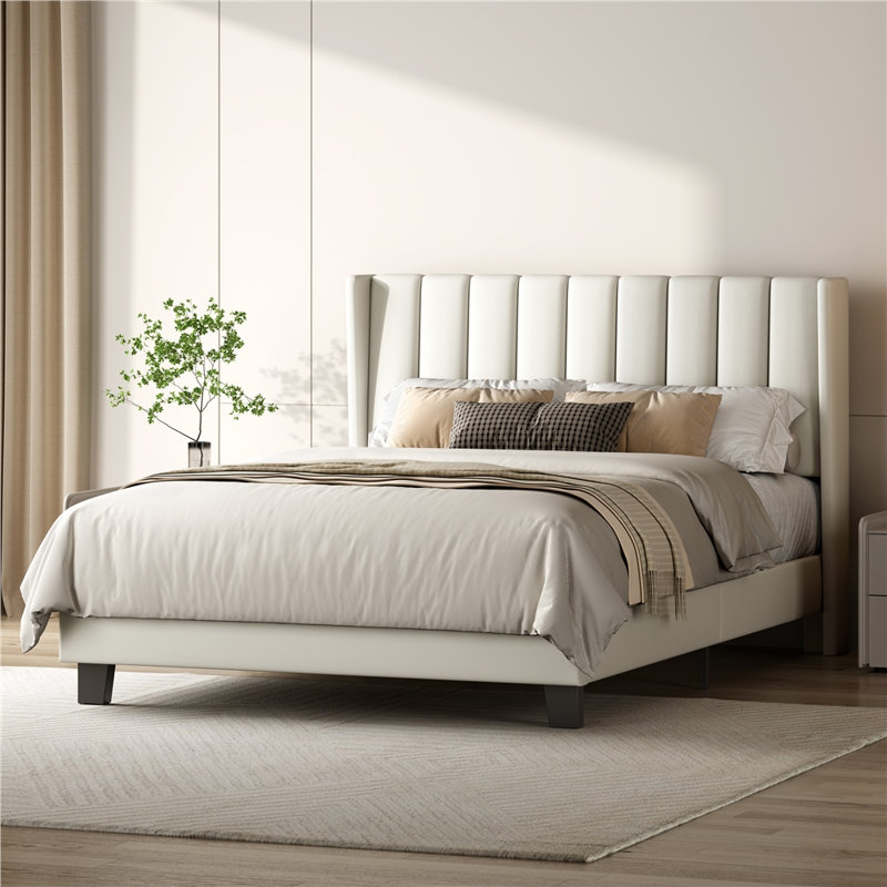Upholstered Bed Frame with Channel Tufted Headboard, Double (4'6), PU Leather/Cream