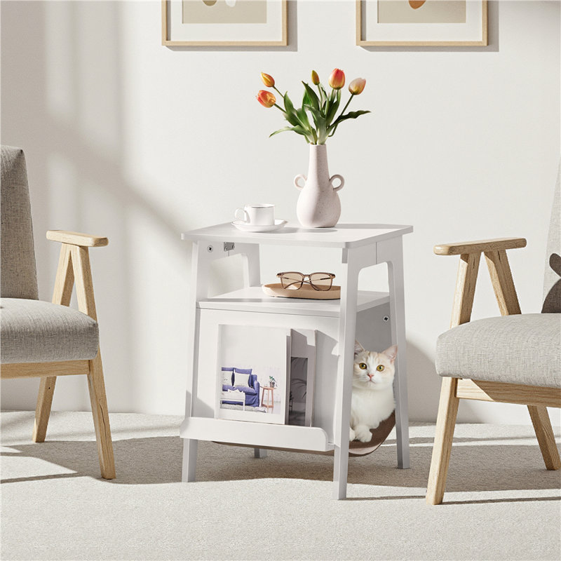 End Table with Cat Bed, White