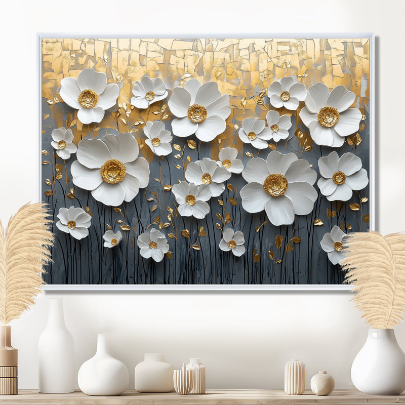Mudasar, fleurs blanches et dorées, fleurs sauvages V - Art mural fleurs sauvages, H 12 po x l 20 po, Cadre flottant, Blanc