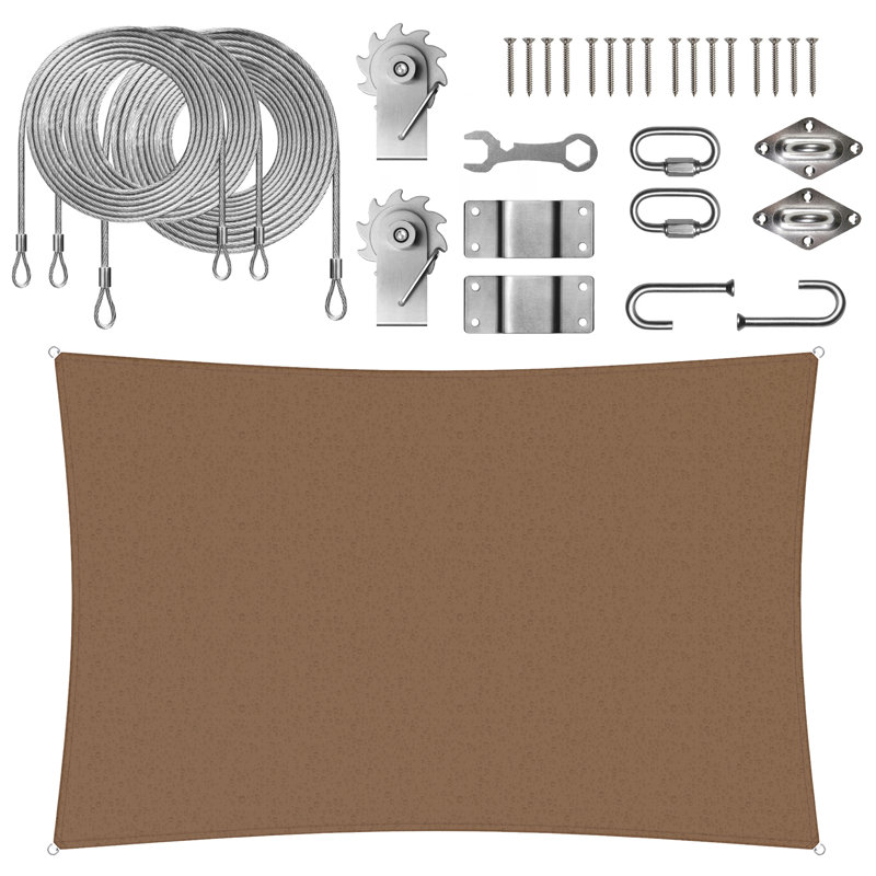 Colourtree Waterproof 7' x 12' Sun Shade Sail With Installation Winch Kit, Brown