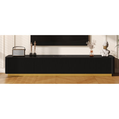 85 Inch Capacity Tv Stand, Fluted Drawers, Black Faux Marble Tabletop, Gold Base, Curved Design, And Luxury Media Console, Capacity, 4 Profile,