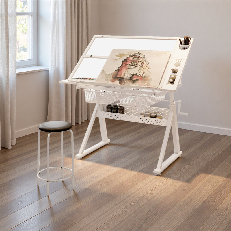 Hand Crank Adjustable Tempered Glass Drafting Drawing And Printing Table With Chair And Storage Space For Living Room, Study, Bedroom
