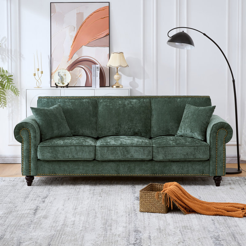 86 Inch Chenille Sofa, Comfortable 3-seater Cushioned Sofa, Nail Head Decoration, 3, 33.4" H x 86.4" W x 34.5" D, Green