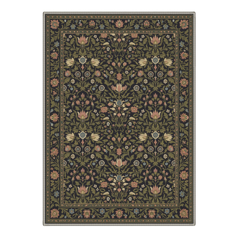 Ariane Floral Machine Washable Green / Black Indoor Area Rug with Non-Slip Backing, Rectangle 8' x 10'