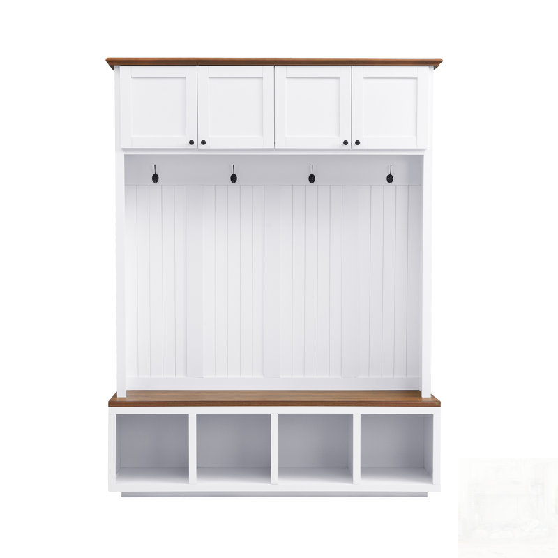 Entryway Hall Tree With Bench And Storage, Farmhouse Wood-Grain Accent For Organized Living, White