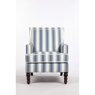 Fauteuil d'appoint rembourré à rayures bleues et blanches Living Room, fauteuil rétro avec garniture cloutée, revêtement en lin rayé douillet