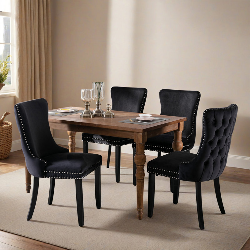 Upholstered Tufted Wing-Back Dining Chair with Backstitching Nailhead Trim and Solid Wood Legs, Set of 4, Black, Black