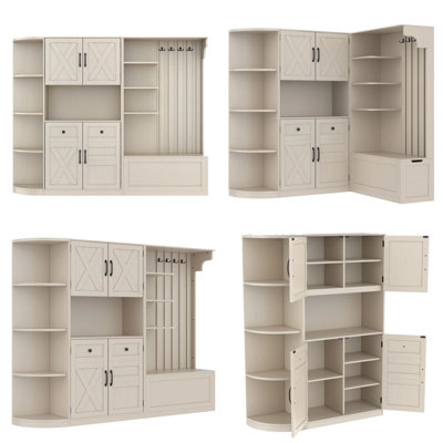 79" Modular L-Shape Hall Tree Set, 2-Piece Entryway System with Storage & 4 Hooks, Antique Beige Corner Cabinet Combo, Left-Right Separable Units for Large Foyer