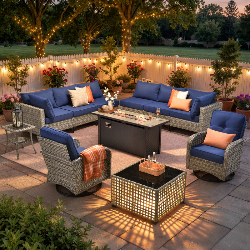 Emroy 8 - Person Reversible Modular Outdoor Conversation Set,Wicker Patio Seating Group with Lighted Coffee Table, All Weather Swivel Chair Set with Cushions