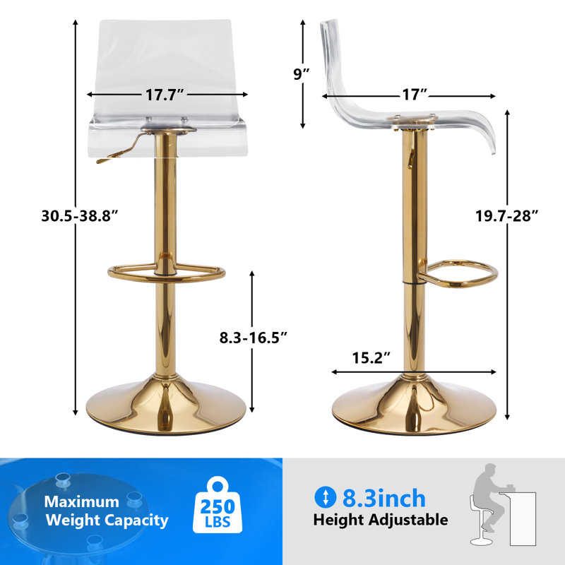 Clear Bar Stools Set of 2, Acrylic Bar Stools Swivel Transparent Bar Stools, Adjustable Height Counter Stools for Kitchen, Dining Room,Gold