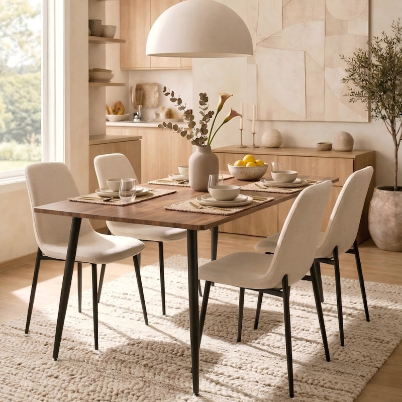 Izzat 4-Person Dining Set with 47" D Rectangular Table and Chenille Chairs , Beige