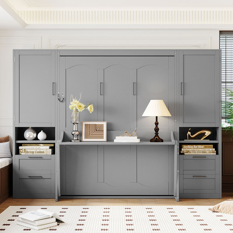 Grand lit escamotable mural avec placard, tiroirs et tablettes, gris, gris