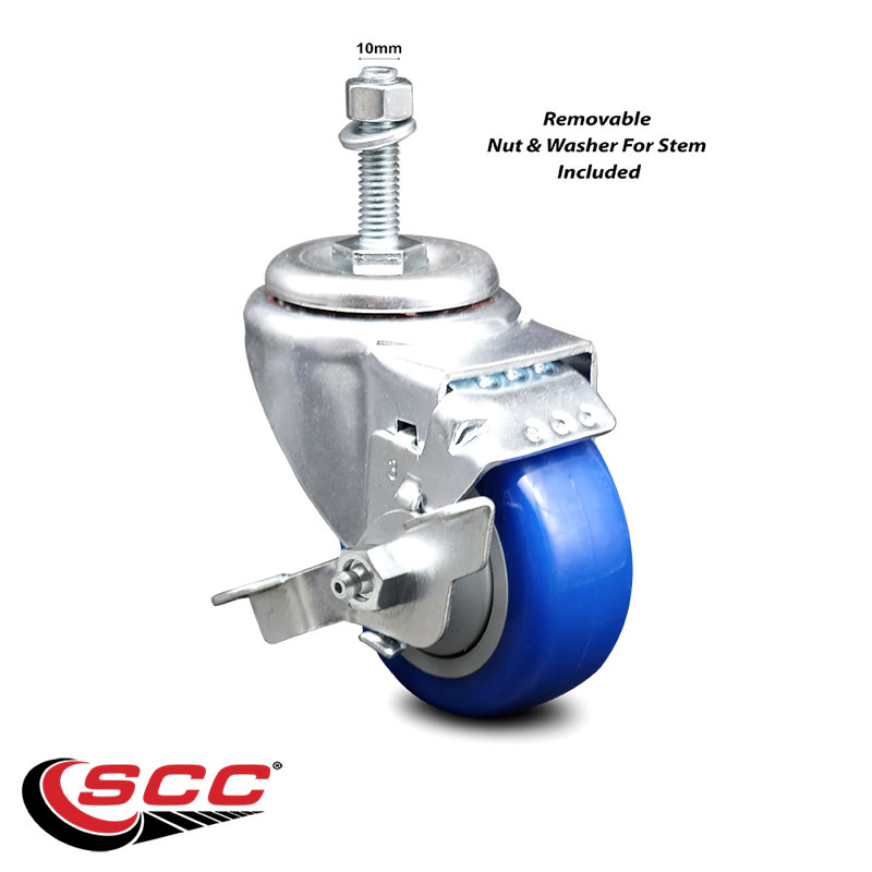 Roulettes à tige filetée pivotante 3,5 po en polyuréthane 3,5 mm avec frein SCC, Bleu