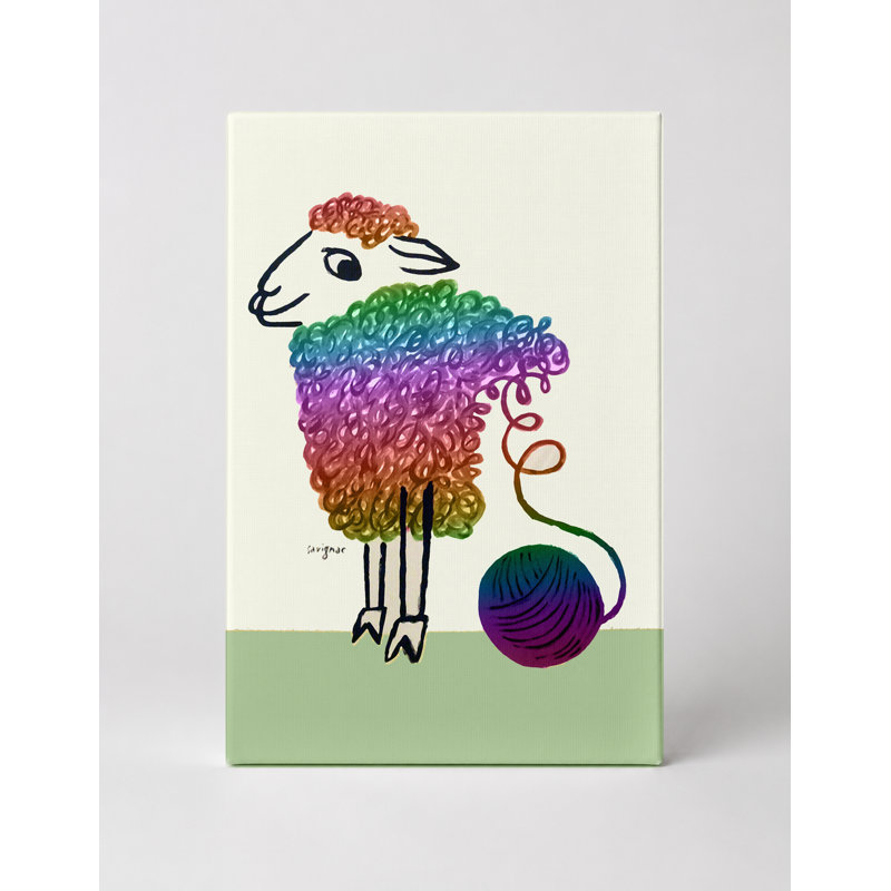 «Rainbow Sheep with Yarn Ball - Portrait, art mural sur toile, 11" W x 14" H