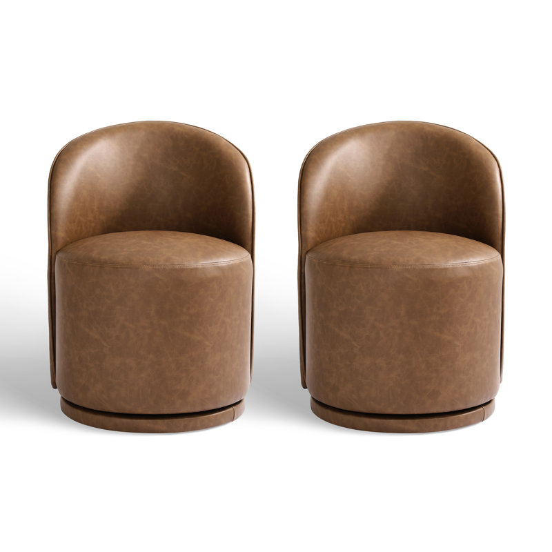 Upholstered Modern Brown Faux Leather Barrel Swivel Side Dining Chair (Set of 2), Brown Faux Leather