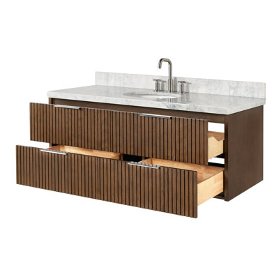 Meuble-lavabo mural simple 55 po Mulloy avec comptoir en marbre blanc de Carrare et chêne brun 1,5 po Mulloy