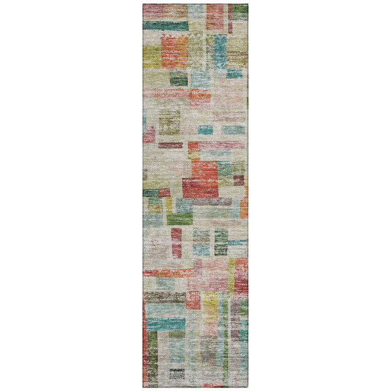 Mosaic Orange Washable Indoor-Outdoor Rug - , 2'3" x 7'6"