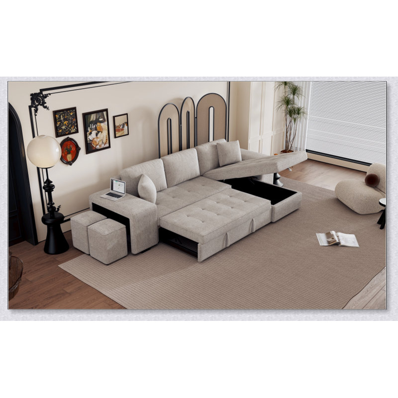 Canapé modulaire réversible en L, canapé-lit avec méridienne de rangement et 2 tabourets, Chenille crème