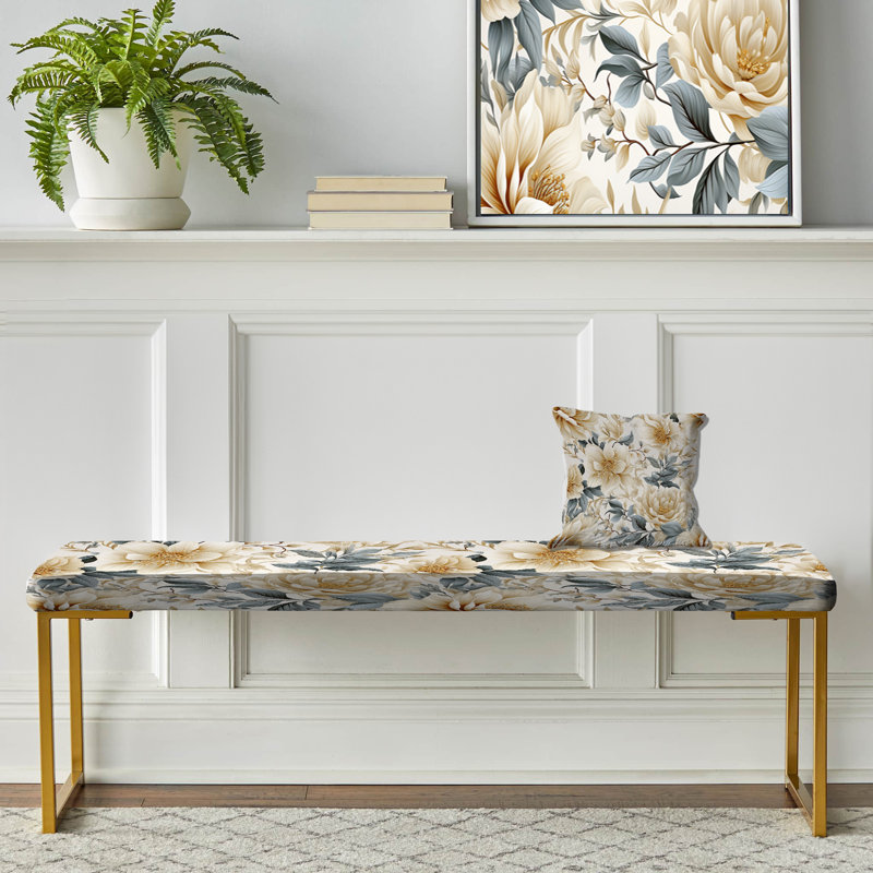 Beige And Grey Flower Serenity Boho Pattern I - Floral Upholstered Gold Bench