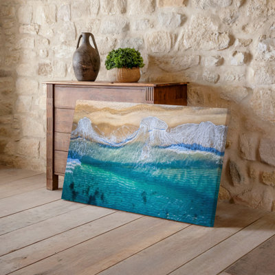 Toile, vue aérienne d'une scène de plage sereine mettant en vedette la transition de l'art mural doux de vagues turquoise transparentes sur une toile tendue