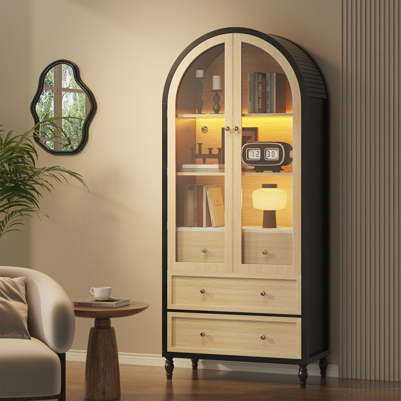 73 Inch Tall Arched Storage Cabinet With Doors Arched Pantry Led Lighted Display Cabinet Bookshelf