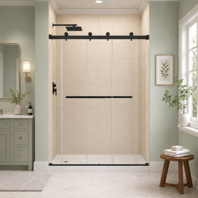 Porte de douche coulissante double sans cadre avec barre à serviettes de 55 po à l60 po x H 76 po, verre trempé 5/16 po, noir mat, réversible