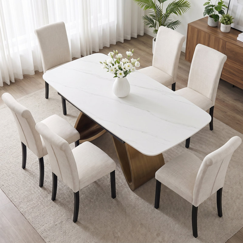 Ensemble de salle à manger 5 pièces en pierre frittée de 65 pouces avec 4 chaises en lin, 30" H x 65" W x 33" D