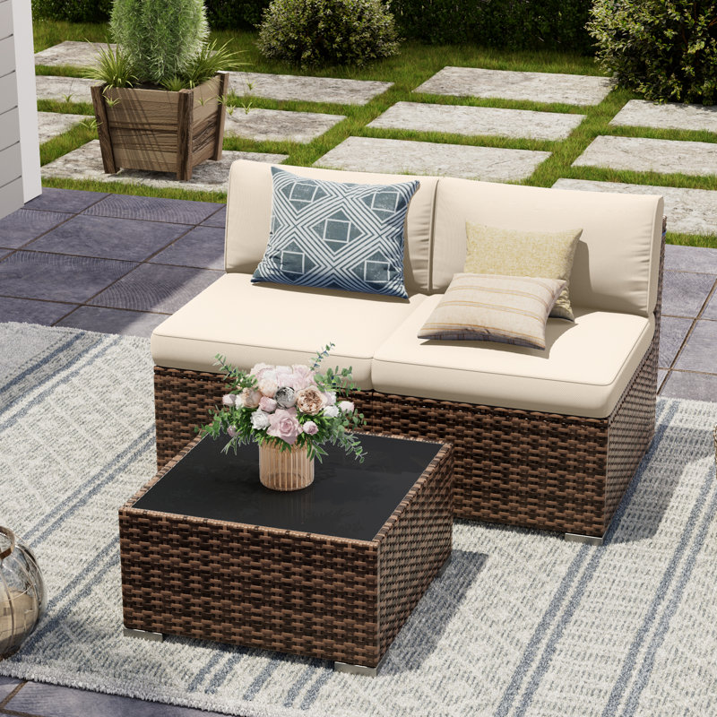 2 Piece Rattan Sectional Seating Group With Table, Beige