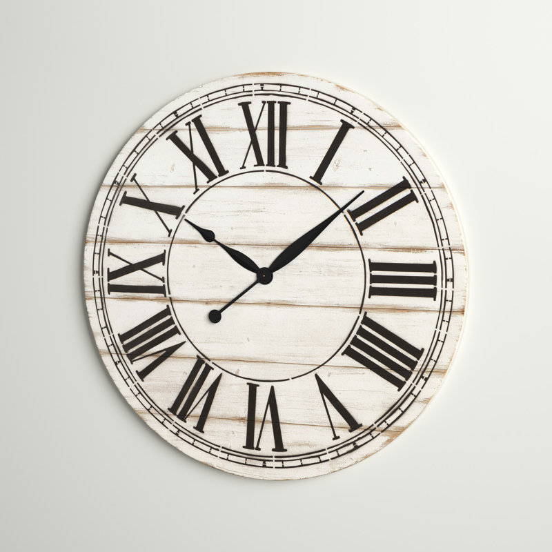 Renata Round Oversized Shiplap Farmhouse Wall Clock, Black/Off-White