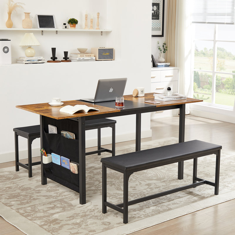 Home Office Set Collapsible Desk And Bench Set Extension Gaming Writing Desk Computer 63 Inch Long Simple Desk Large Executive Work Study Desk  For Small Spaces