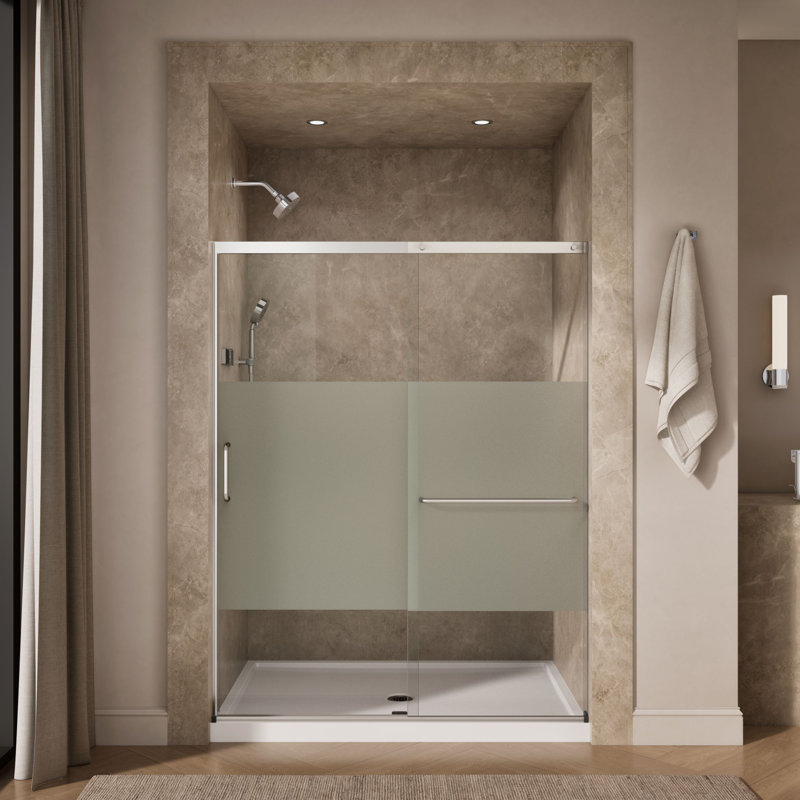 Elate Tall Sliding Shower Door, 75-1/2-In H X 56-1/4 - 59-5/8-In W, With Heavy 5/16-In Thick Crystal Clear Glass With Privacy Band