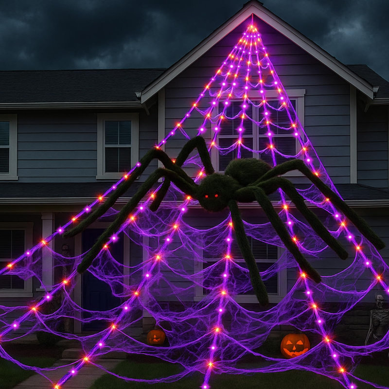 250-Light LED Halloween 150cm Spider Web with 8 Lighting Modes Plush Spider with Remote Control for Indoor or Outdoor Decoration