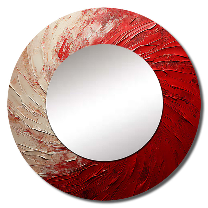Red And White Whimsical Whirl Spiral - Abstract Spirals Round Mirror Wall Decor, 29" x 29"