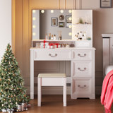 Vanity Desk With Mirror, Light Bulbs, Drawers, Shelves, And Stool – Makeup Table For Bedroom