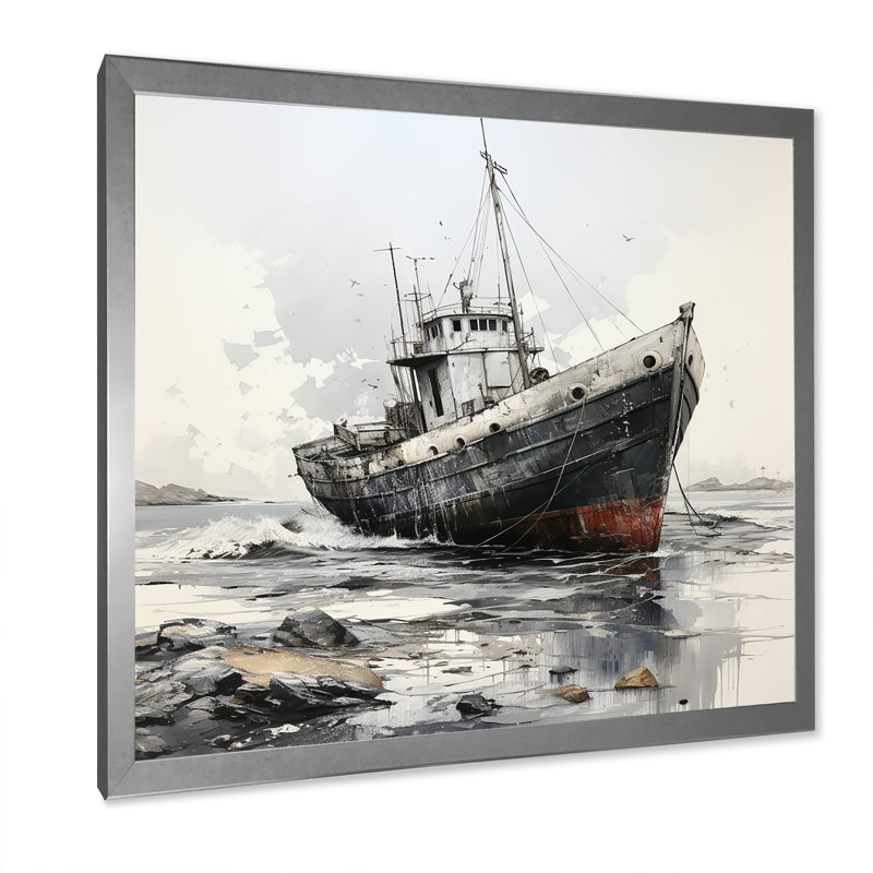 Bateau de pêche bleu et blanc II - art mural nautique et plage, salon, Cadre simple argenté, H 36 po x l 36 po x P 1,5 po