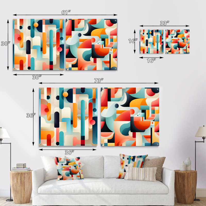 Dahlilah - Ensemble de 2 peintures murales abstraites géométriques en acrylique, H 16 po x l 33 po
