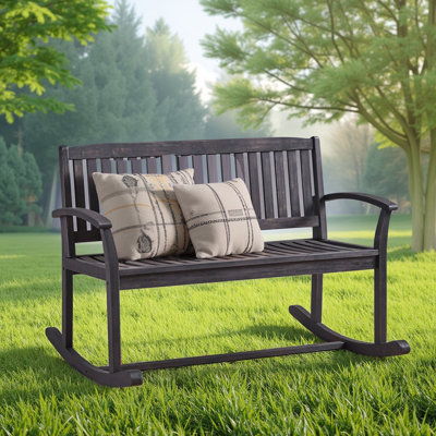 Dark Grey Acacia Wood Patio Rocking Loveseat - 2-person Outdoor Rocker Bench With Armrests & Slatted Design, 49.5" Wide For Backyard/garden