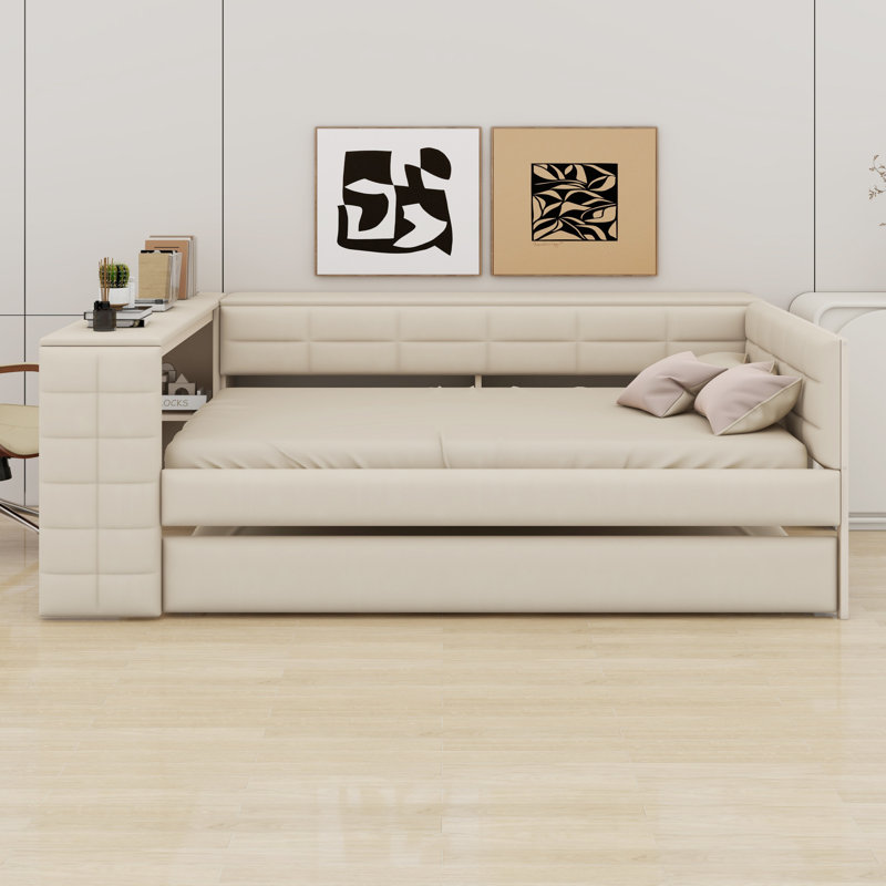 Lit plateforme tapissier avec tablettes de rangement, bureau, station de charge et lit gigogne, Beige