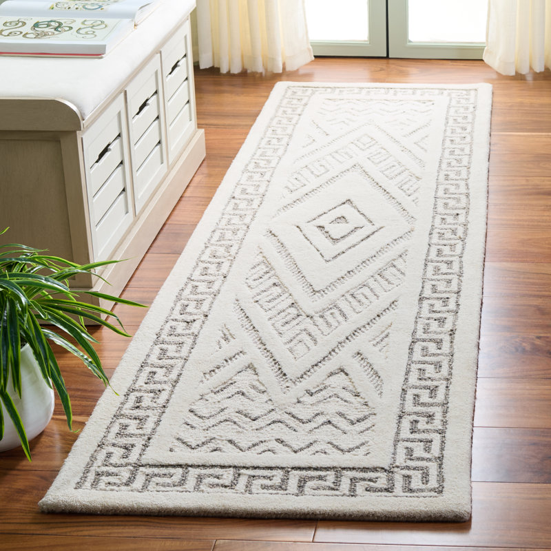 Tapis géométrique en laine / coton touffeté à la main Mykonos 502, Tapis de couloir 2 pi 3 po x 8 pi