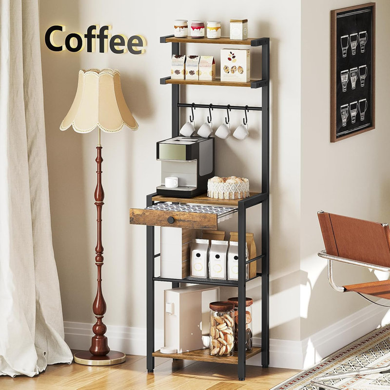 5-Tier Coffee Bar Station, Coffee Stand With Pod Drawer Holder, Versatile Kitchen Storage Rack With 4 Hooks, For Living Room, Cafe Corner