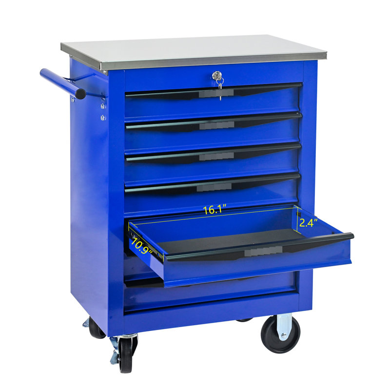 7 Drawer Tool Trolley, Wheels, Stainless Steel Roof, Warehouse Repair Shop, Universal Locking Mechanisms, One - Side Pull Handle, Key Locked Storage Drawers, Metal Cart, Warehouse, Locking, Drawers