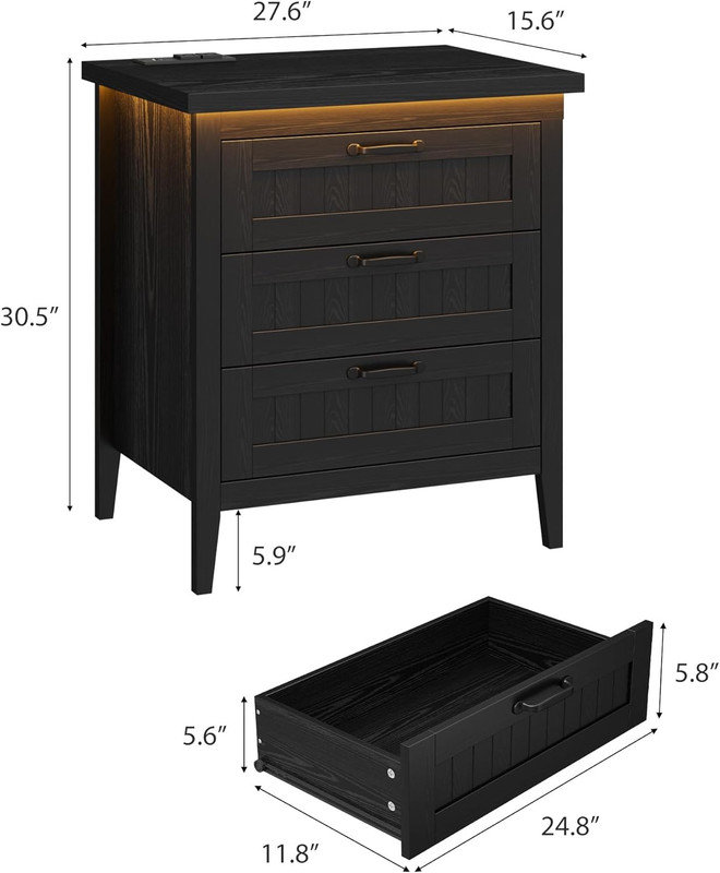 Commode 3 tiroirs avec prise de courant et lumière DEL RVB - Commode moderne avec station de charge pour chambre à coucher, salon, placard