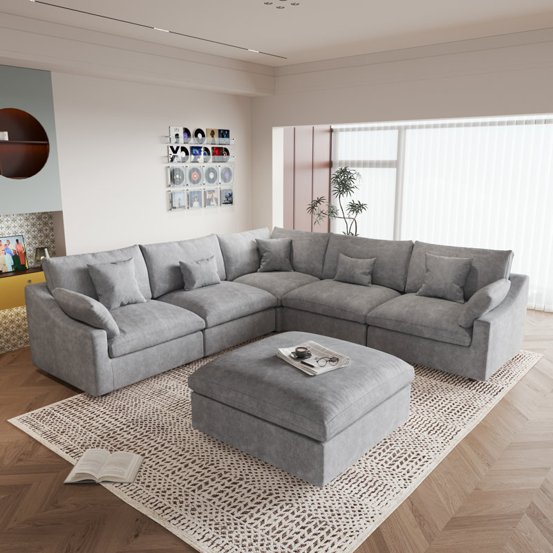 6 - Piece Slipcovered Sectional With Ottoman, Light Gray Linen Blend