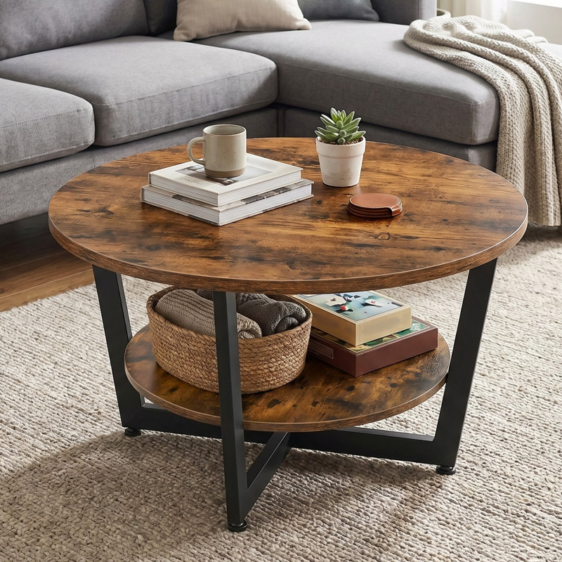 Table basse ronde avec tablettes de rangement à 2 niveaux