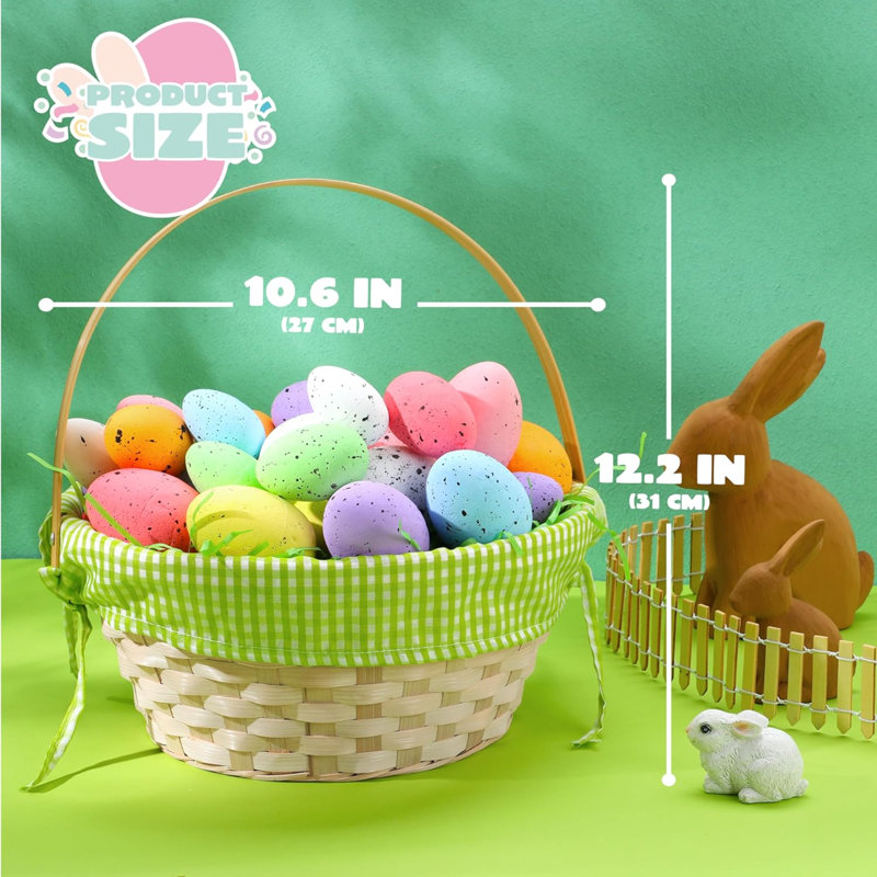 3 paniers en bambou de Pâques avec doublure et poignée en tissu écossais et 3 feuilles de papier broyé pour la chasse aux œufs de Pâques
