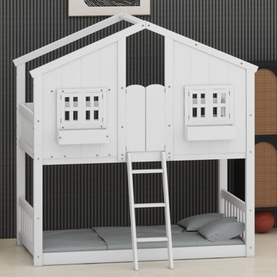 House Bunk Bed with Roof, Window Box, Door, Safety Guardrails and Ladder