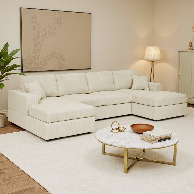 Canapé modulaire 3 pièces pour 4 personnes en velours côtelé crème, Crème