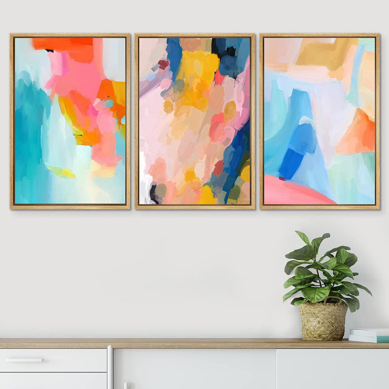 Vibrant Multicolor Paint Stroke Shapes Abstract Colorful Decor Framed On Canvas 3 Pieces Print, 36" H x 24" W x 1.5" D